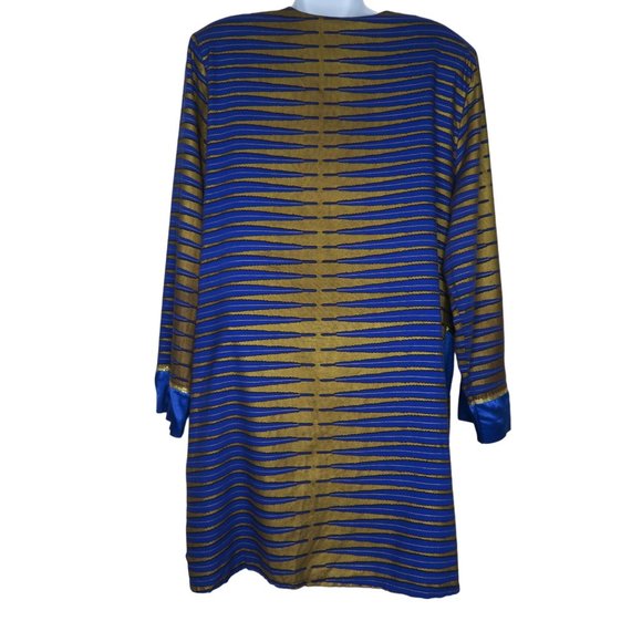 Vintage 70s Mod Coat Jacket L Blue Gold Mid Length Buttons Shoulder Pads Boho - Picture 11 of 15